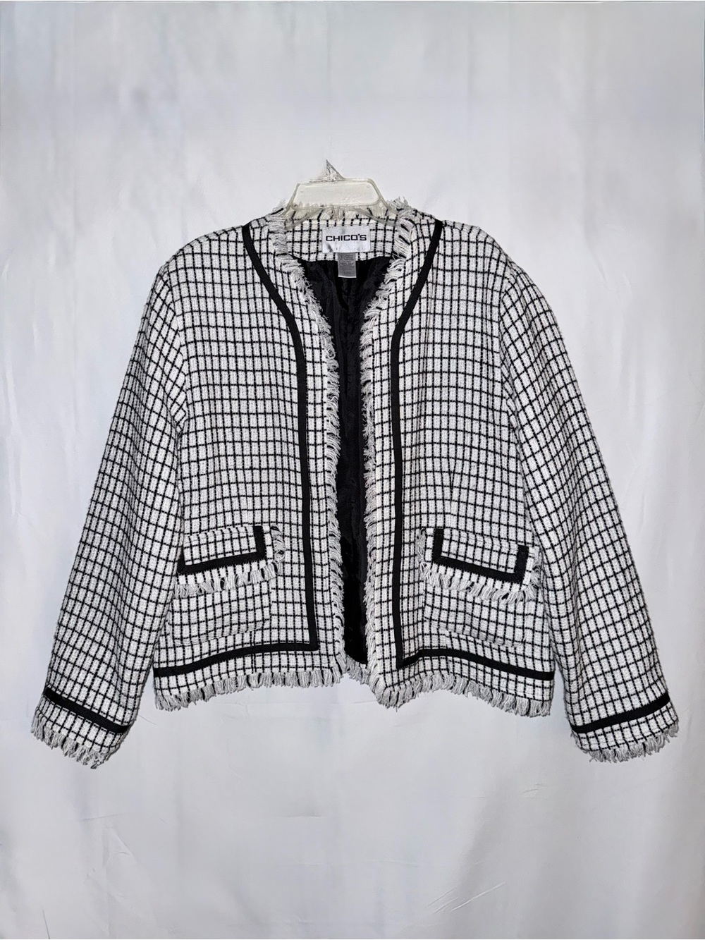 Chico's Black & White Windowpane Fringe Jacket Size 2 (Large)